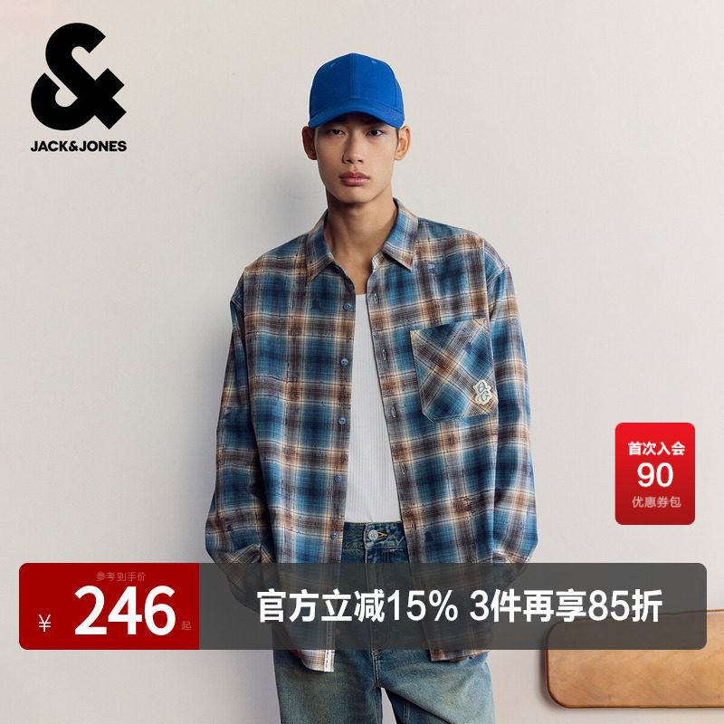 杰克琼斯奥特莱斯2025年新款男生春秋季格纹衬衫纯棉长袖质感上衣