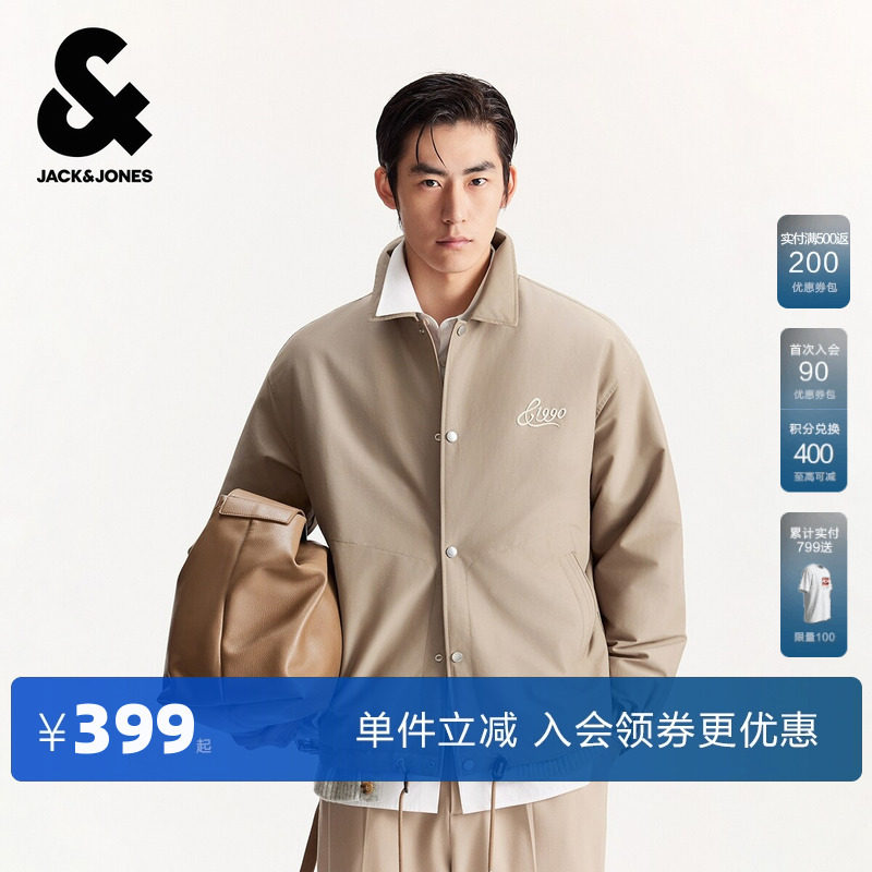 杰克琼斯男装春秋新款立体字母刺绣休闲宽松翻领工装棉衣棉服外套