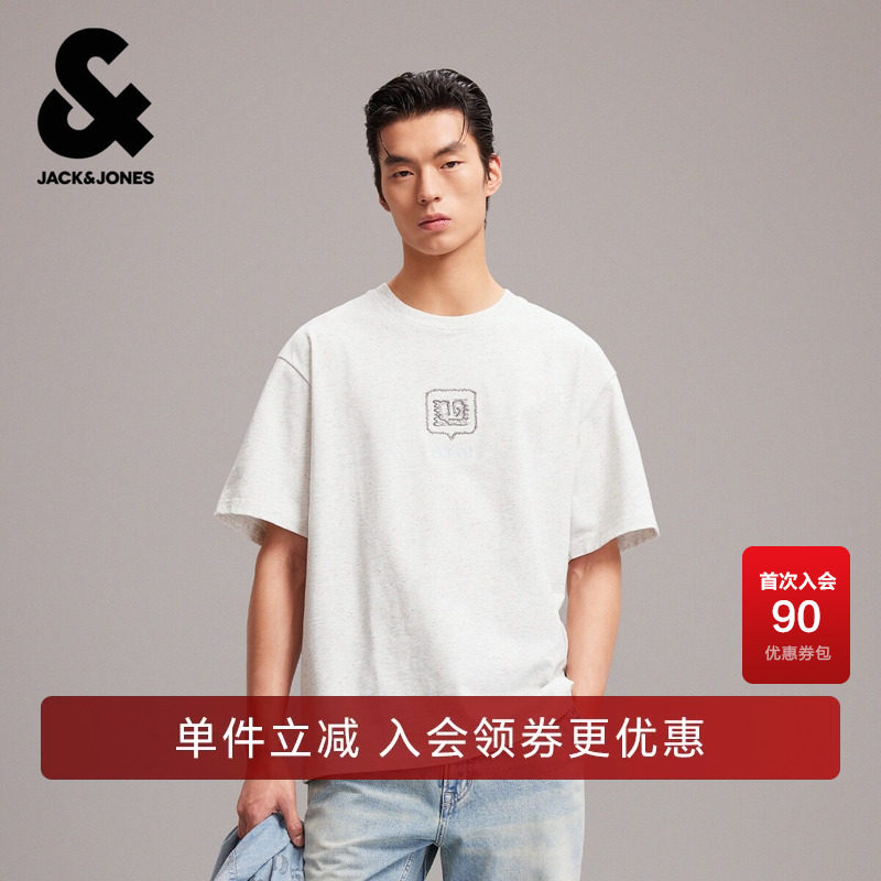 杰克琼斯男装夏季新款图案刺绣胶印休闲高级感宽松圆领短袖T恤图片