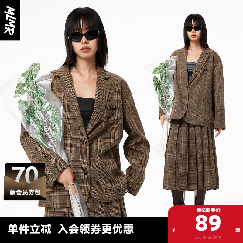 MLMR秋季女士双腰头复古学院千鸟格百褶半身裙+西服外套女男装