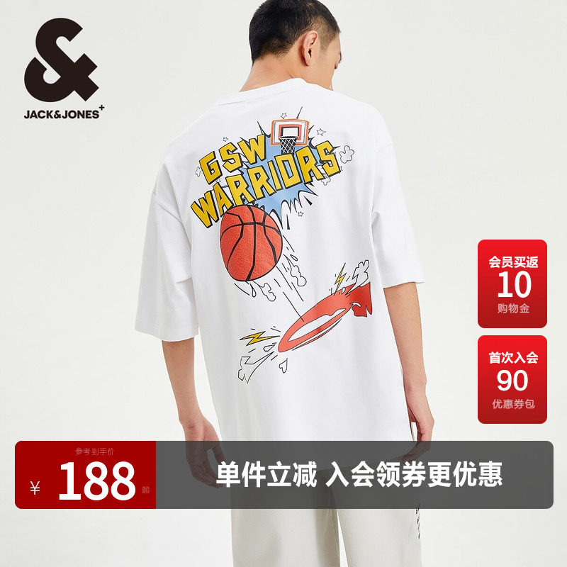 杰克琼斯奥特莱斯夏季款NBA联名勇士队宽松字母纯棉短袖T恤男装