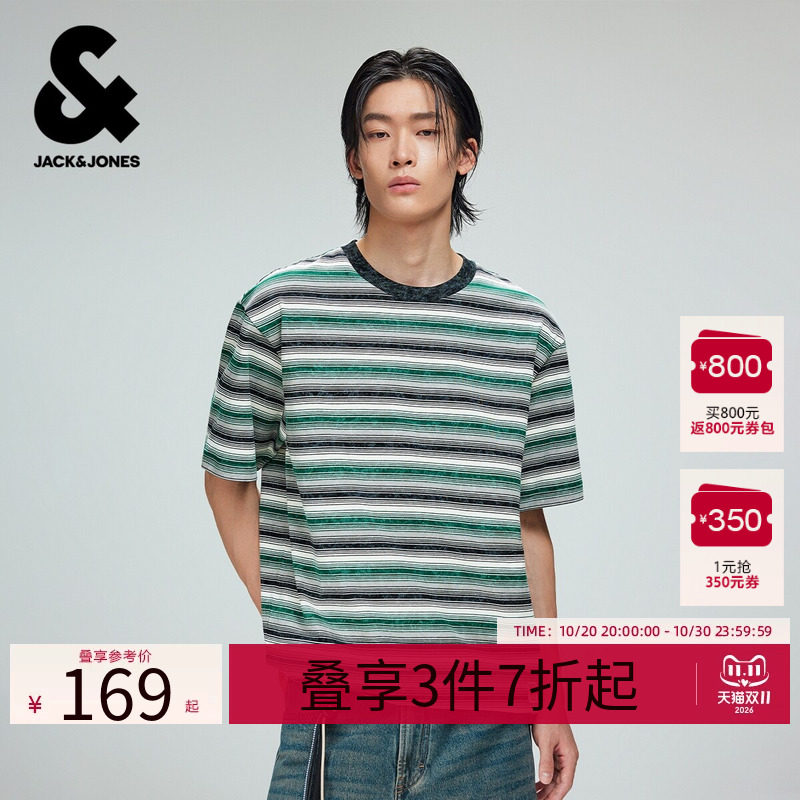 【纯棉】杰克琼斯奥特莱斯男装T恤夏季宽松圆领精致刺绣logo时尚