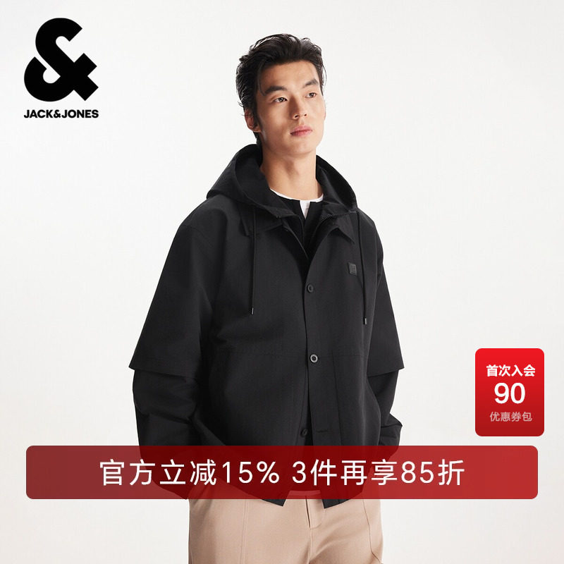 杰克琼斯男装春季夹克外套皮质LOGO潮流时尚简约休闲假两件设计