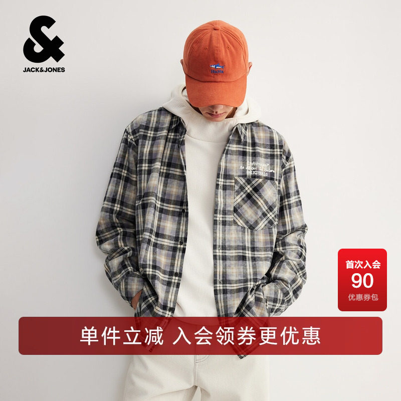【纯棉】杰克琼斯男装衬衫长袖舒适百搭精致刺绣做旧格纹宽松翻领