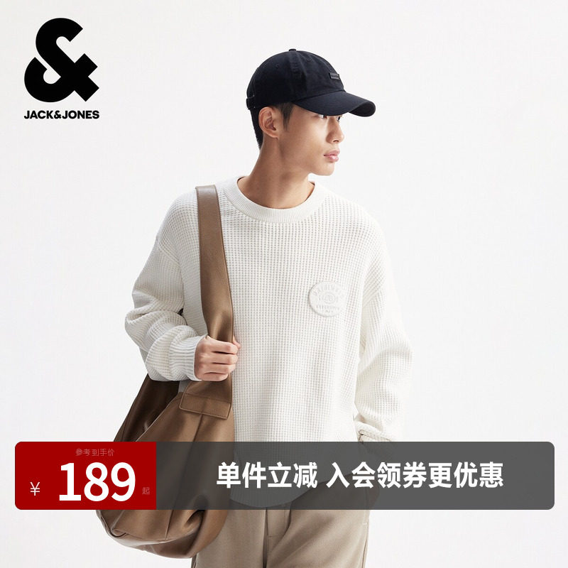 杰克琼斯春秋季男装舒适百搭时尚潮流圆领毛衣针织衫字母图案装饰