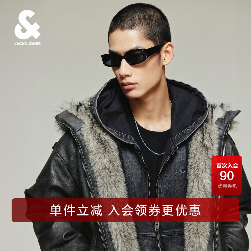 杰克琼斯男装羽绒服PU外套重磅挺阔刺绣复古座山雕毛感连帽宽松