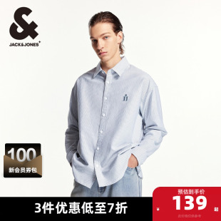 男装 杰克琼斯春秋款 翻领宽松字母logo底摆开衩纯棉衬衫 衬衫 男长袖