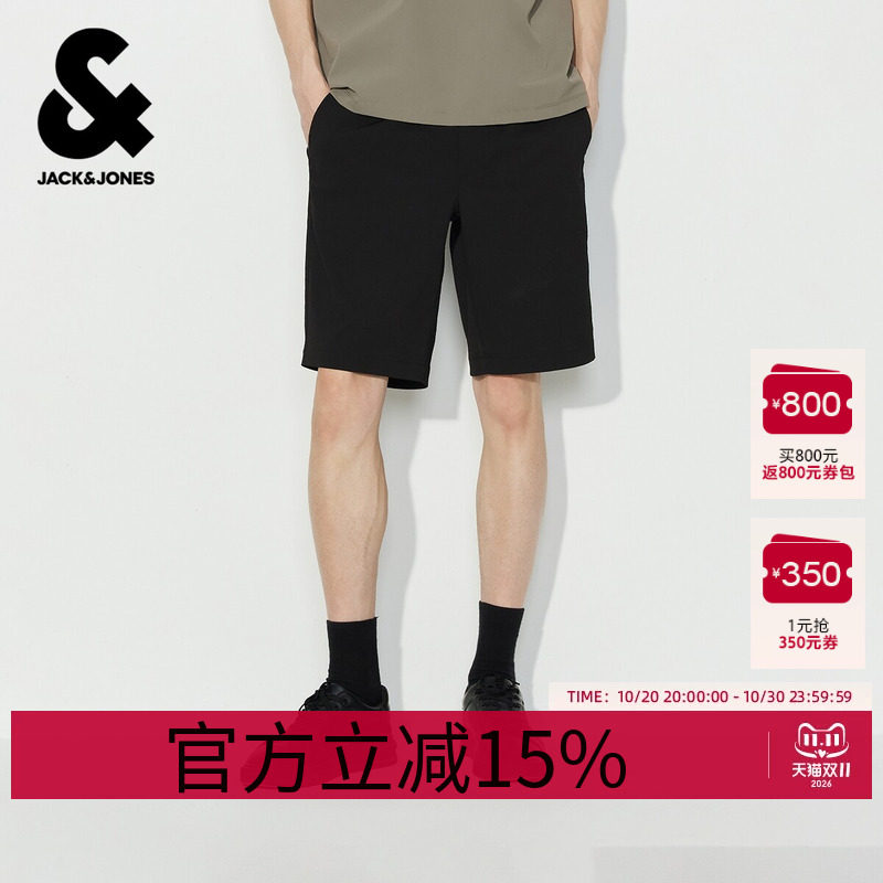 杰克琼斯男装短裤裤子百搭舒适肌理竖条纹刺绣弹力抽绳腰合体直筒