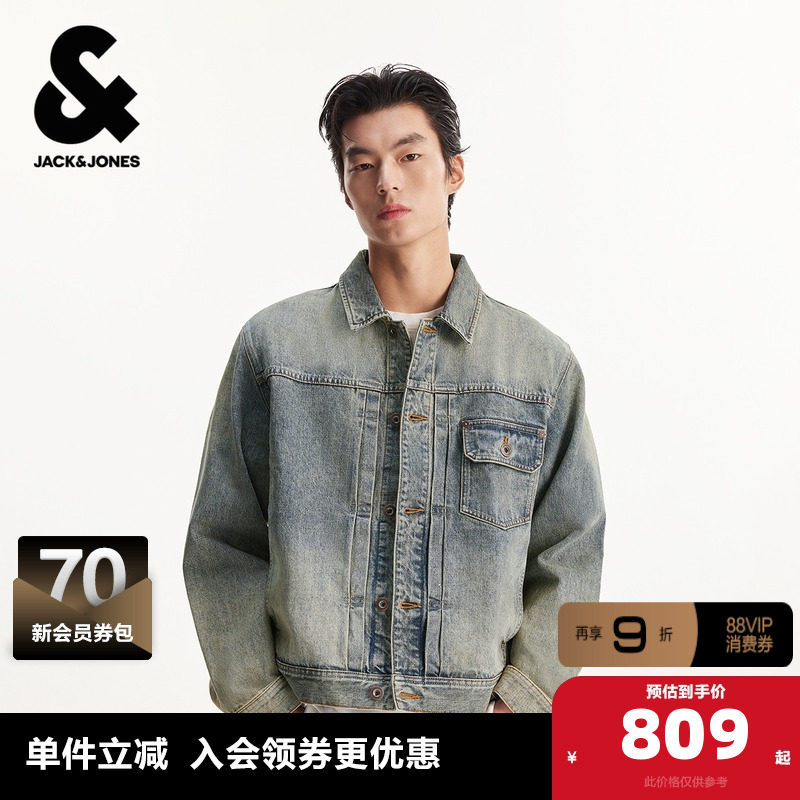 杰克琼斯男装春季夹克外套百搭日常做旧黄泥水洗牛仔休闲翻领宽松