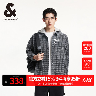 杰克琼斯春秋舒适时尚潮流百搭字母刺绣连帽长袖上衣衬衫外套男款