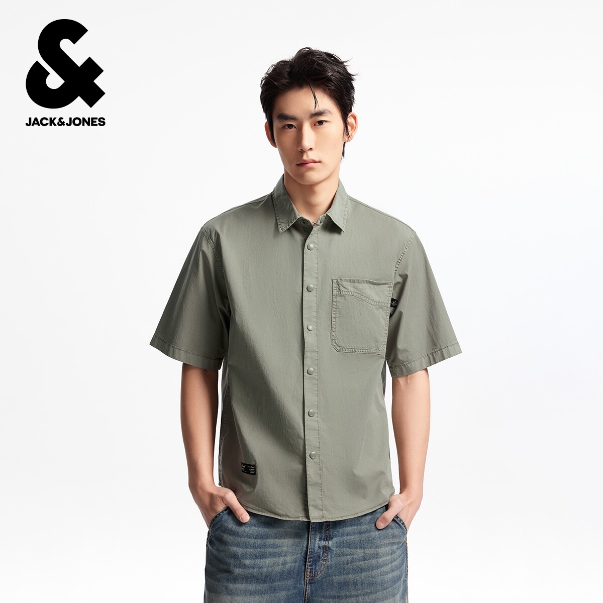 杰克琼斯奥特莱斯男装夏季新款短袖衬衫百搭贴布宽松休闲翻领上衣
