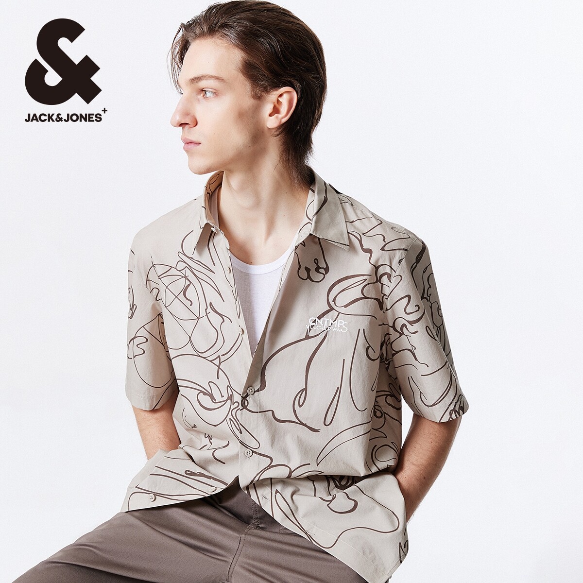 杰克琼斯夏季新款舒适个性宽松潮流满印上衣字母刺绣短袖衬衫男装