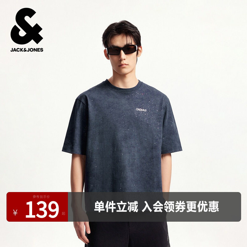杰克琼斯男装夏季新款舒适纯棉衣身反光设计百搭宽松圆领短袖T恤