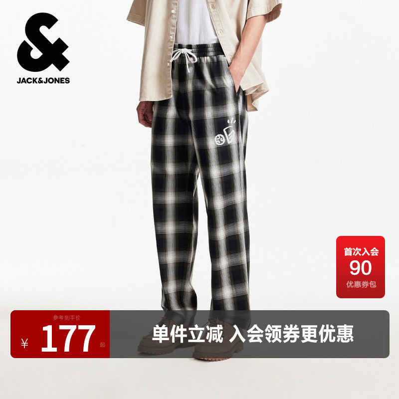 杰克琼斯春秋季时尚潮流宽松双侧插袋格纹设计松紧腰休闲裤子男装
