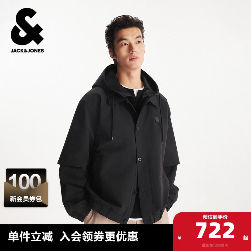 杰克琼斯男装春季夹克外套皮质LOGO潮流时尚简约休闲假两件设计