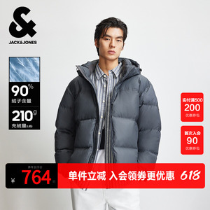 杰克琼斯奥特莱斯男装羽绒服冬季印花纯色抽绳连帽宽松保暖外套