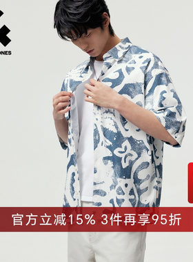 杰克琼斯奥莱夏男款衬衫短袖宽松尖领精致字母印花刺绣舒适潮时尚
