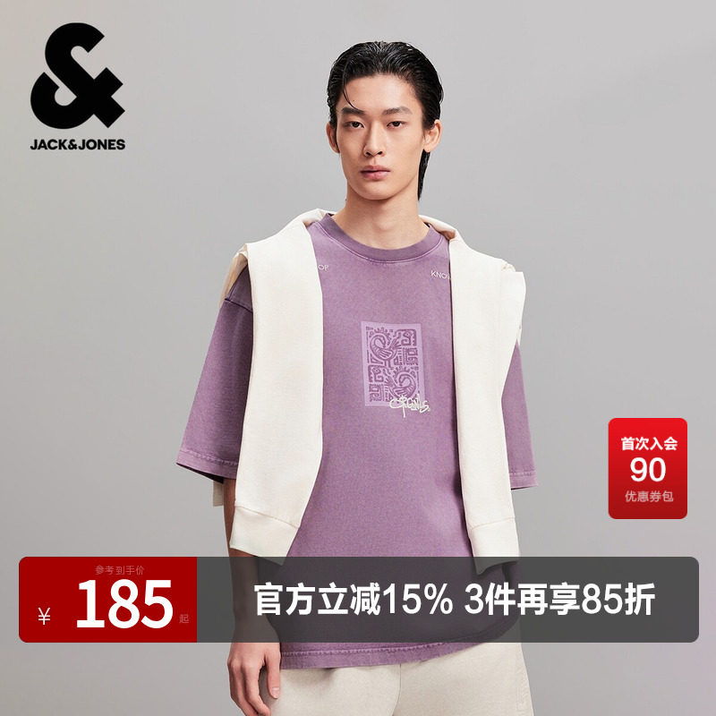 杰克琼斯男装宽松版型圆领图案胶印水洗做旧舒适百搭潮流休闲舒适