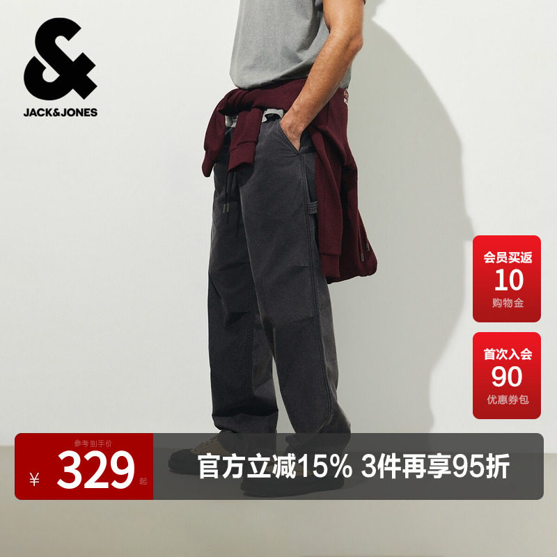 杰克琼斯男装牛仔裤超阔系带插袋时尚百搭潮流日常个性裤子