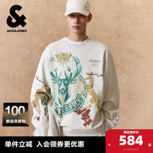 【NBA联名款雄鹿队】杰克琼斯男装春季卫衣胶印图案字母刺绣宽松