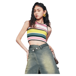 MLMR女装夏季品甜辣风休闲撞色立体编织条纹刺绣针织修身背心男装