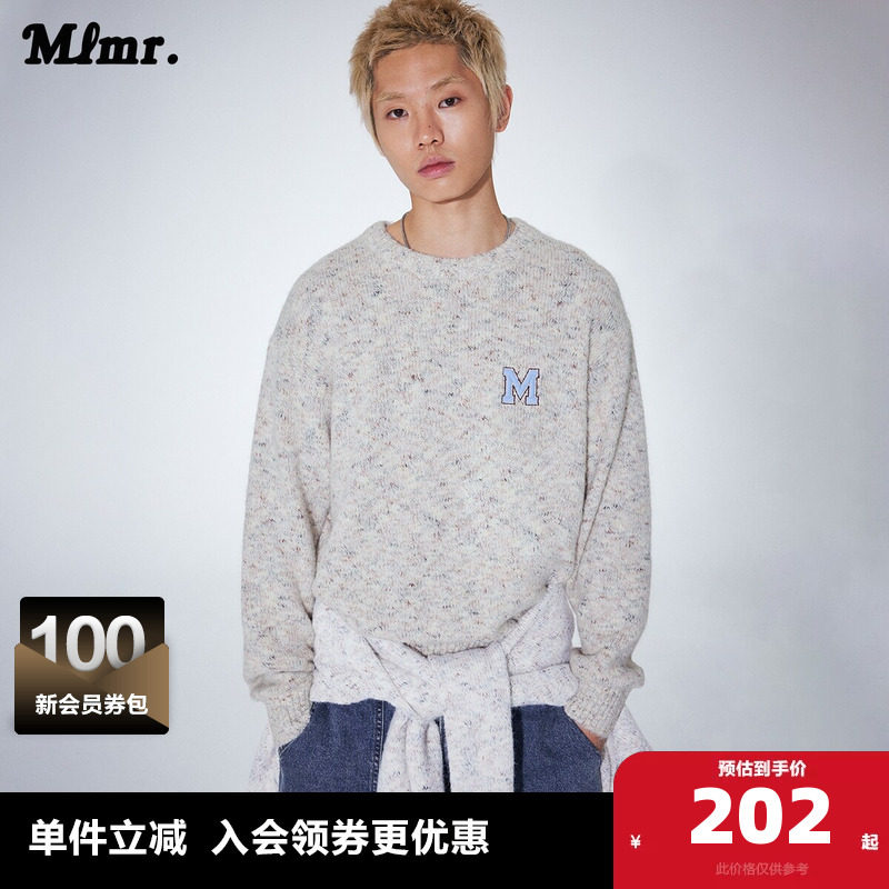 MLMR春秋季新款简约风时尚圆领含羊毛字母刺绣套头款针织衫男女