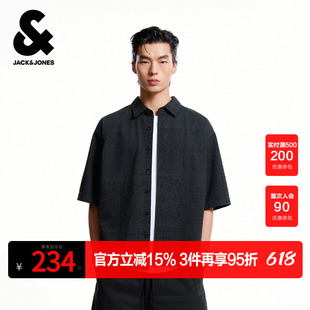 杰克琼斯夏季男装短袖衬衫印花百搭泡泡纱纯棉舒适时尚休闲上衣