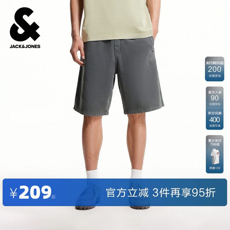 杰克琼斯奥特莱斯男装夏季新款短裤字母刺绣贴布宽松休闲纯棉裤子