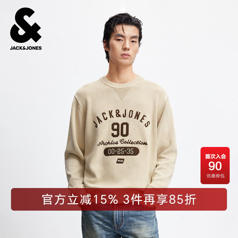 杰克琼斯春秋季男装毛衣针织衫常规罗纹圆领字母刺绣装饰舒适男款