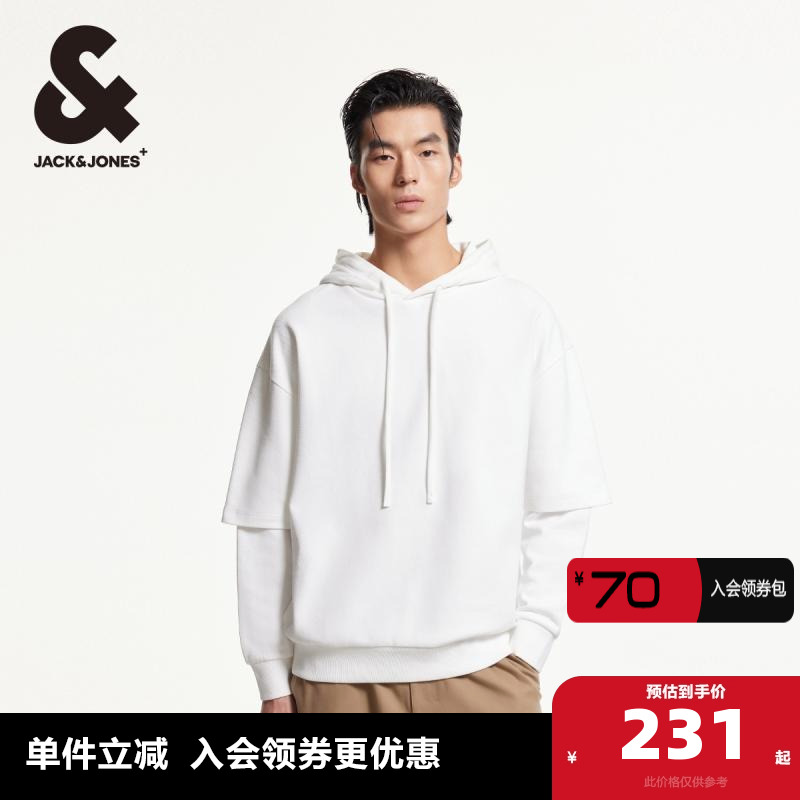 抽绳连帽；宽松版型；罗纹袖口底摆；假两件