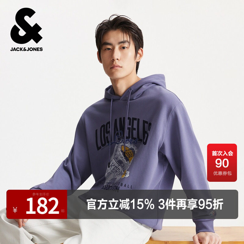 杰克琼斯男装春秋卫衣上衣略宽松抽绳可调节湖人球队字母图案设计
