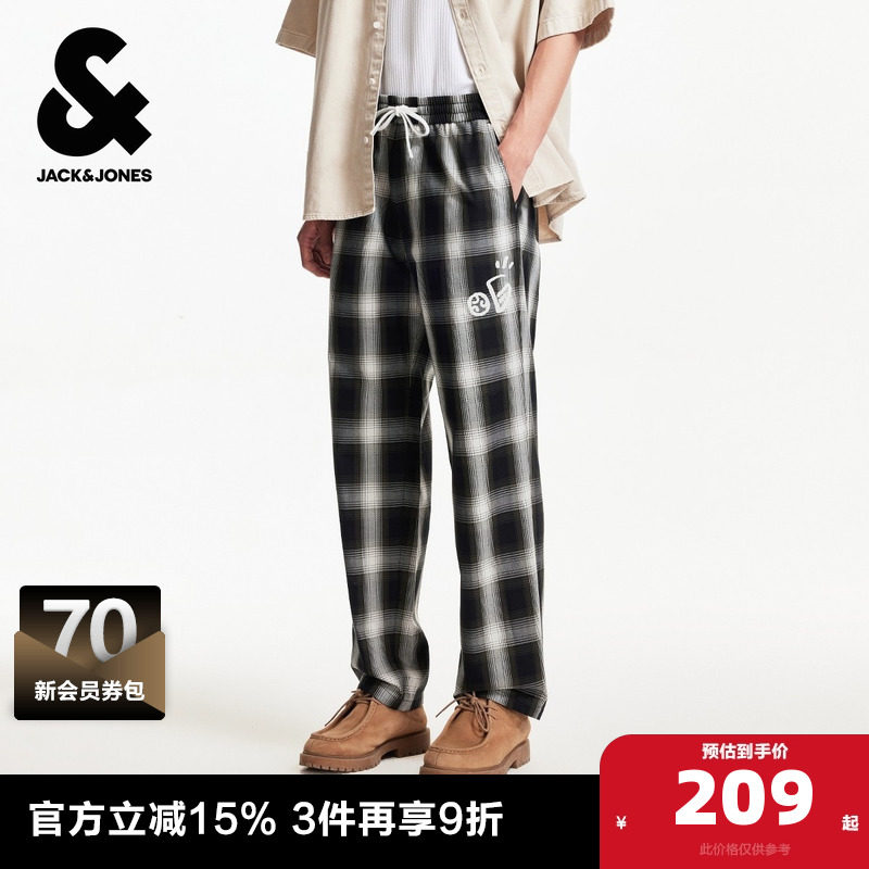 杰克琼斯夏季时尚潮流宽松双侧插袋格纹设计松紧腰休闲裤子男装