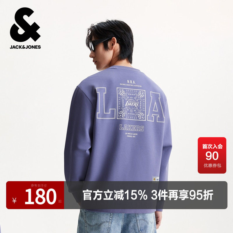 杰克琼斯奥特莱斯NBA联名男装卫衣秋季新款刺绣贴布宽松圆领上衣