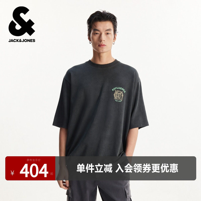 杰克琼斯男装夏季T恤短袖时尚百搭字母刺绣图腾舒适圆领宽松上衣
