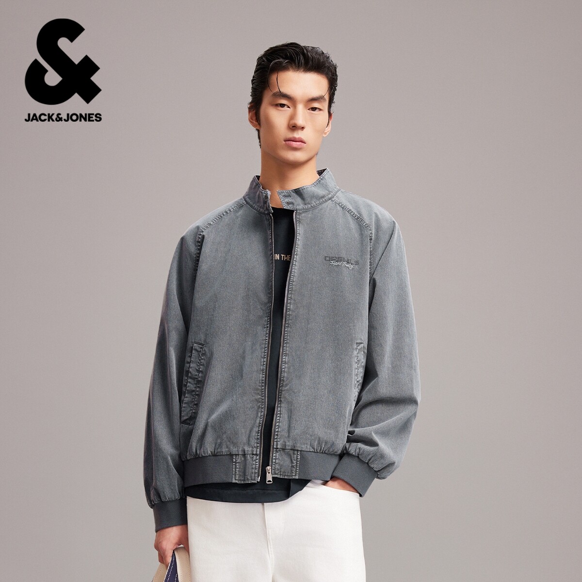 杰克琼斯男装春季新款时尚做旧水洗纽扣立领休闲宽松牛仔夹克外套