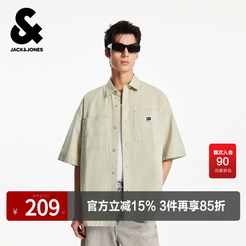 杰克琼斯奥特莱斯男装夏季衬衫字母贴布日常刺绣胶印翻领短袖上衣
