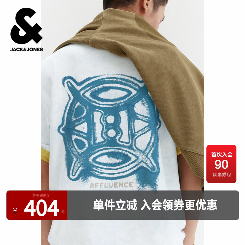 杰克琼斯奥特莱斯秋季男装T恤宽松圆领时尚渐变印花短袖潮上衣