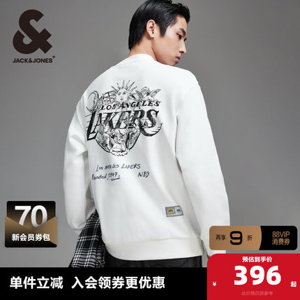 杰克琼斯秋季新款NBA联名湖人队略宽松贴布装饰圆领卫衣男款男装