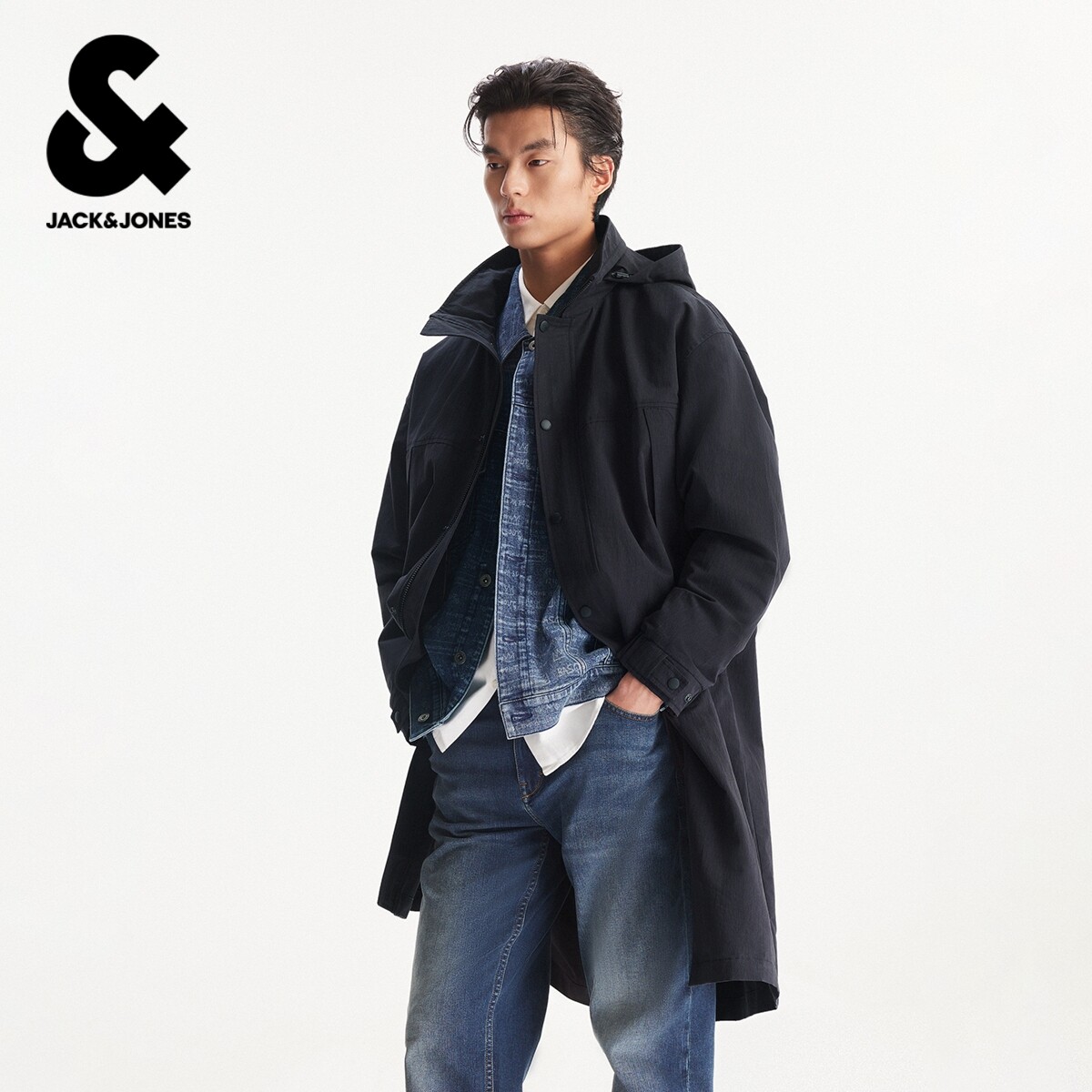 杰克琼斯男装春款夹克外套简约休闲舒适可折叠抽绳连帽宽松中长款