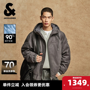 杰克琼斯男装 羽绒服宽松抽绳连帽绒感面料设计感立体字母外套 冬季