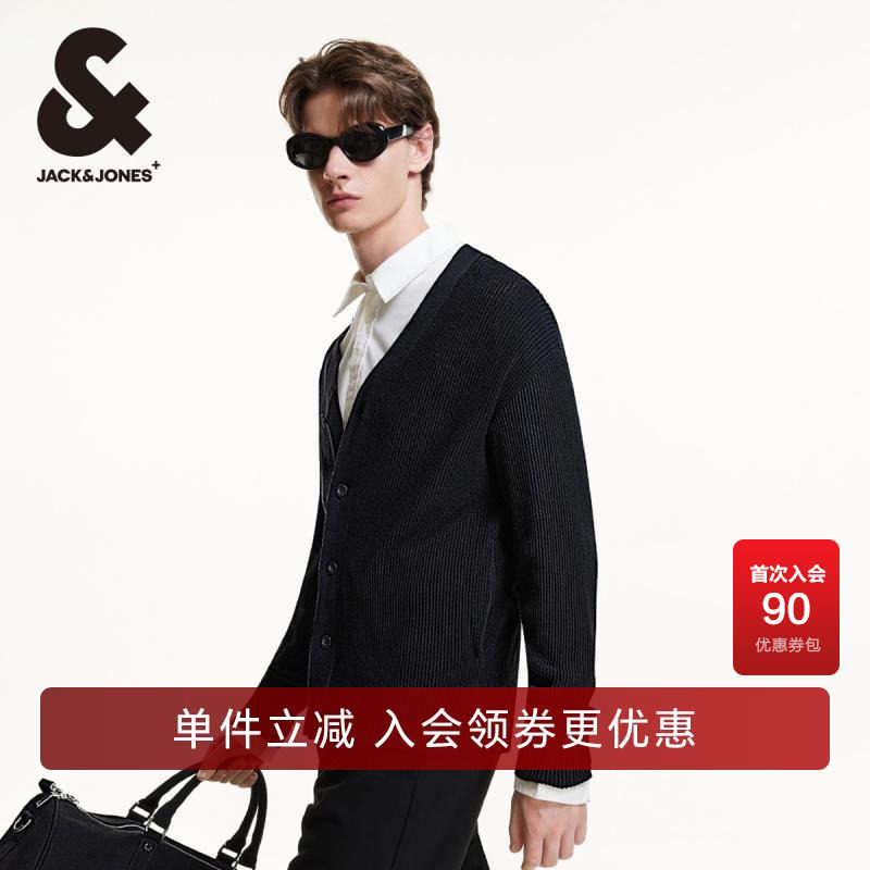 杰克琼斯长袖V领皮牌装饰针织衫