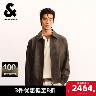 杰克琼斯男装 潮流出街百搭字母刺绣翻领宽松真皮夹克外套 春秋新款