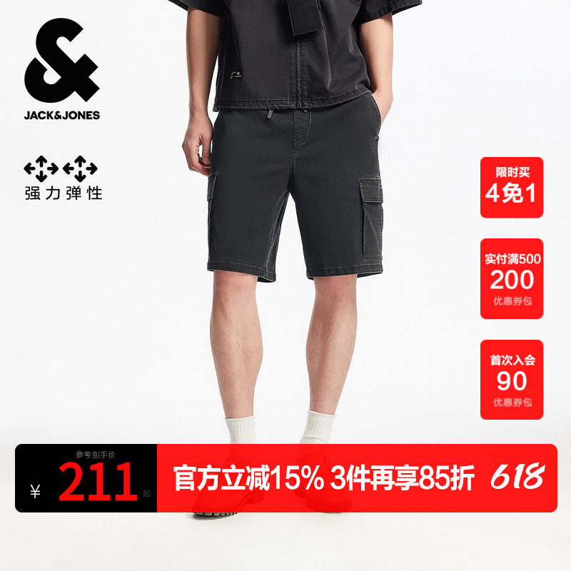 杰克琼斯outlets男装夏季新款纯色抽绳直筒休闲工装风牛仔短裤子