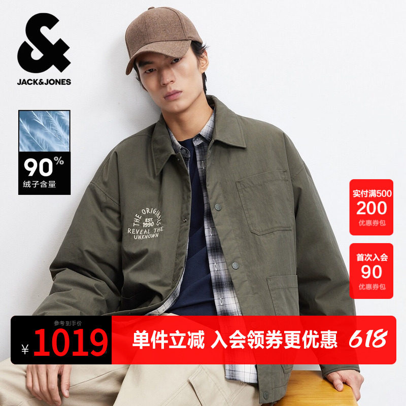 杰克琼斯男装春季冬季羽绒服外套字母胶印刺绣休闲复古翻领宽松