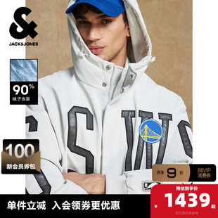 杰克琼斯NBA联名款勇士队宽松百搭日常舒适刺绣连帽冬季羽绒服