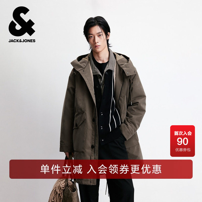 杰克琼斯男装春秋新款百搭日常棉服高领连帽外套通勤休闲长款上衣
