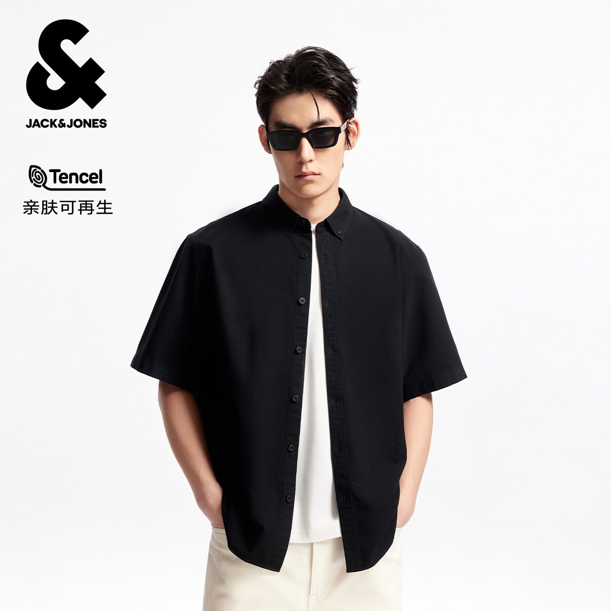 杰克琼斯奥特莱斯男装夏季新款宽松字母刺绣装饰翻领短袖衬衫男装