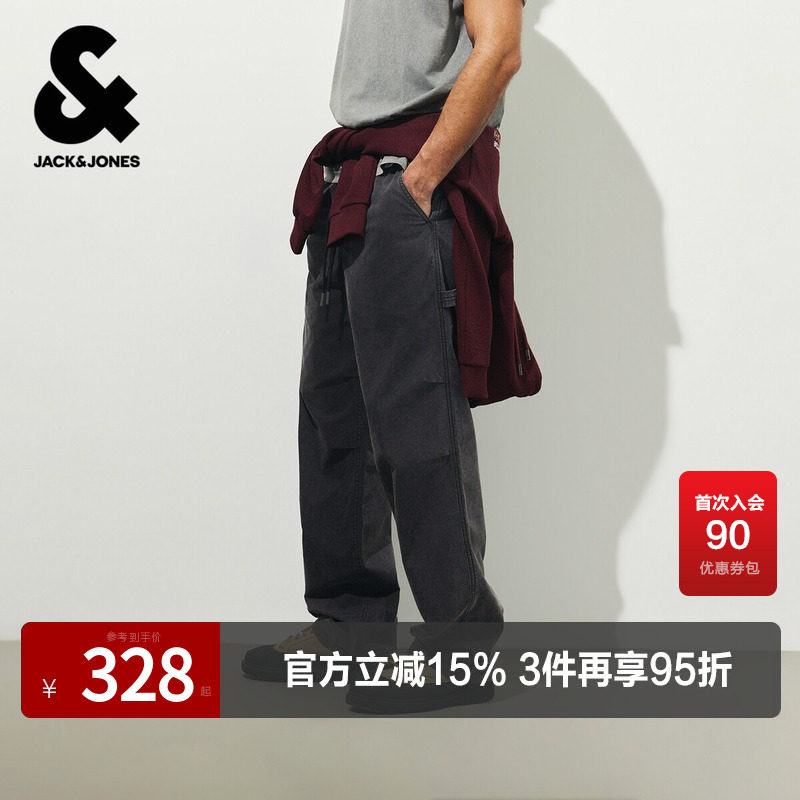 杰克琼斯男装牛仔裤超阔系带插袋时尚百搭潮流日常个性裤子