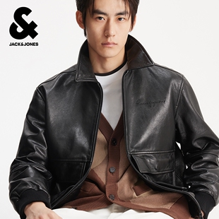 杰克琼斯奥特莱斯男装 夹克春秋出街轻机车风黑色宽松刺绣翻领外套