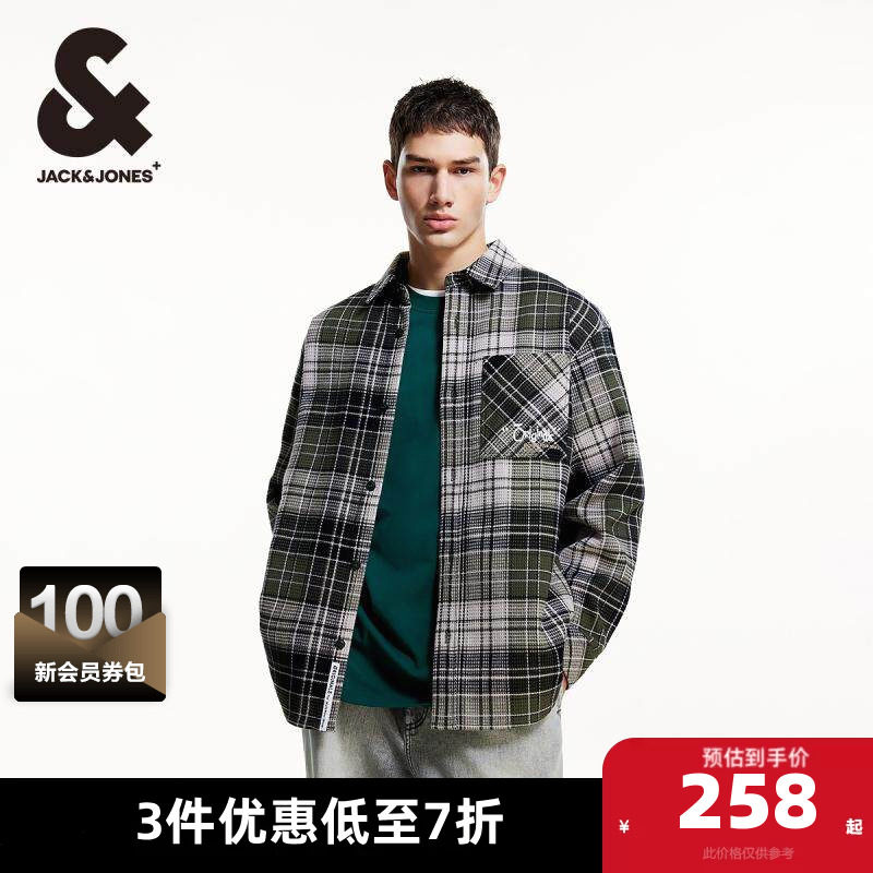 杰克琼斯春季休闲复古纯棉字母刺绣格纹宽松工装长袖衬衫男款男装